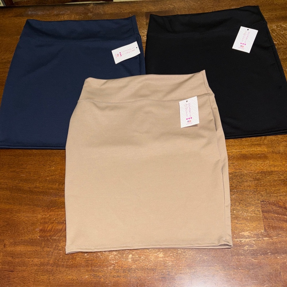 Sweetheart Clothing Pencil Skirt Trio in Black, Navy, and Tan